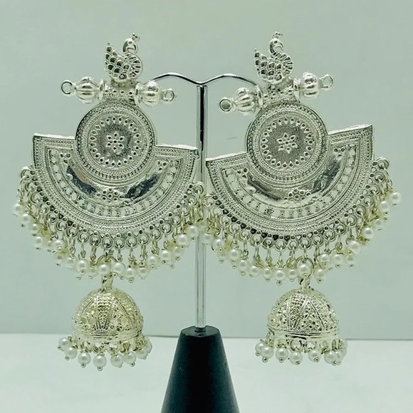Massive Dangle Earrings, Oxidized Silver Indian Earrings, Handmade Silver Tone - Picture 1 of 8